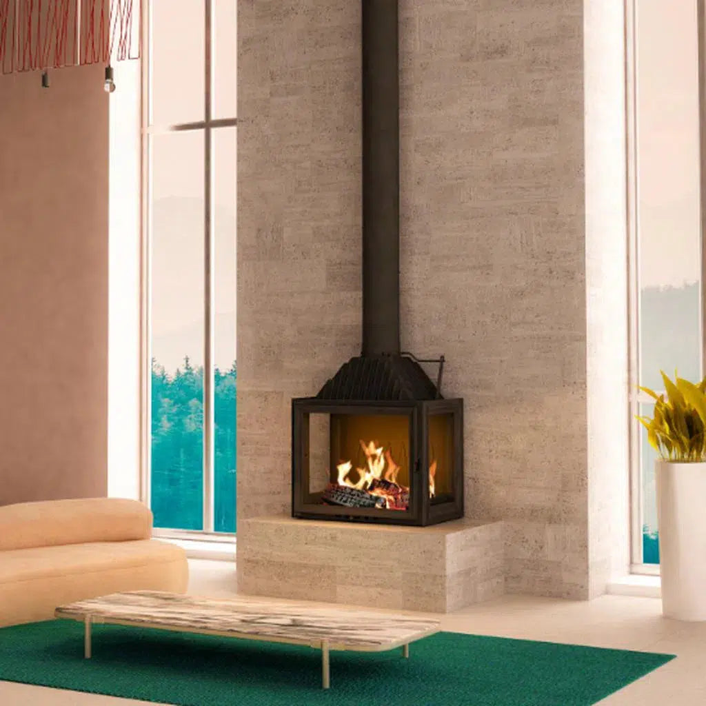 Siena 750 3 Sided Bay wood fireplace with panoramic glass in a contemporary living room