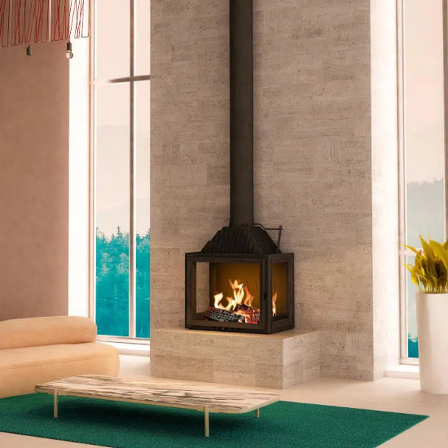 Siena 750 3 Sided Bay wood fireplace with panoramic glass in a contemporary living room