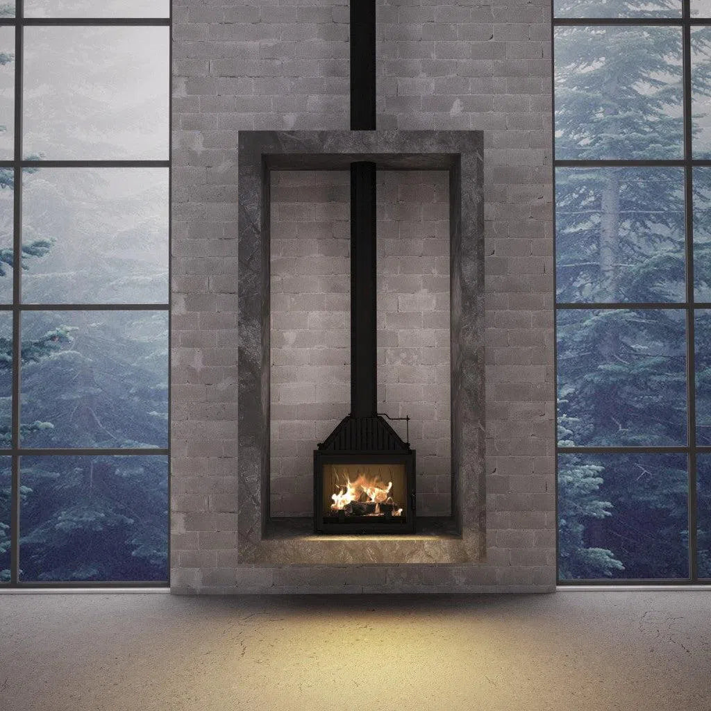 Siena 750 Glass Fronted wood fireplace with vertical flue in a modern interior