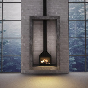 Siena 750 Glass Fronted wood fireplace with vertical flue in a modern interior