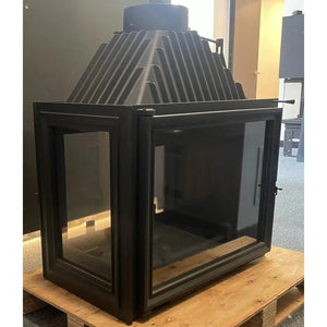 Side view of Siena 750 Peninsula wood fireplace and multi-sided glass firebox