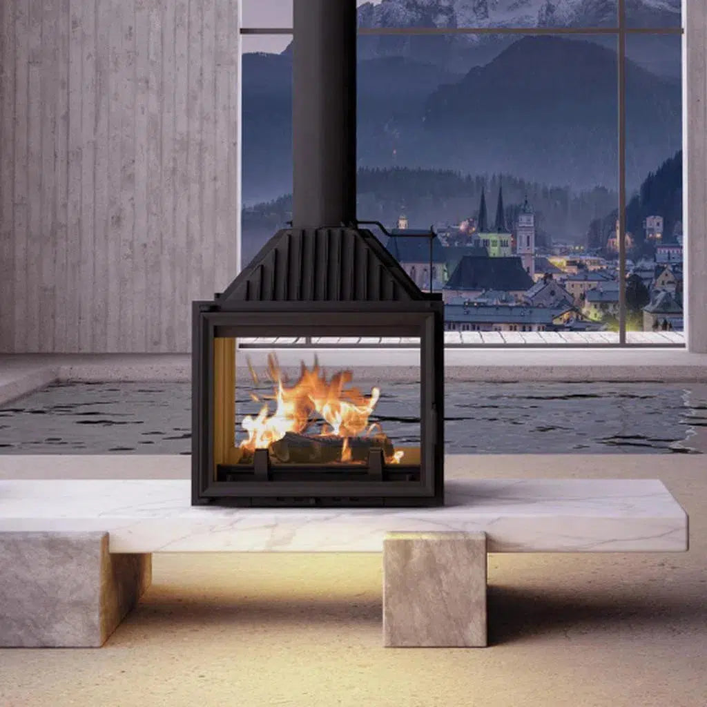 Siena 750 Tunnel double-sided wood fireplace installed as an architectural room feature