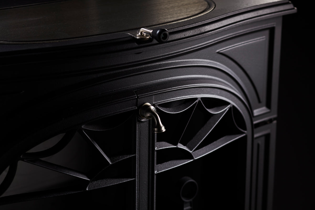 Vermont Castings Defiant black cast iron door and decorative detail