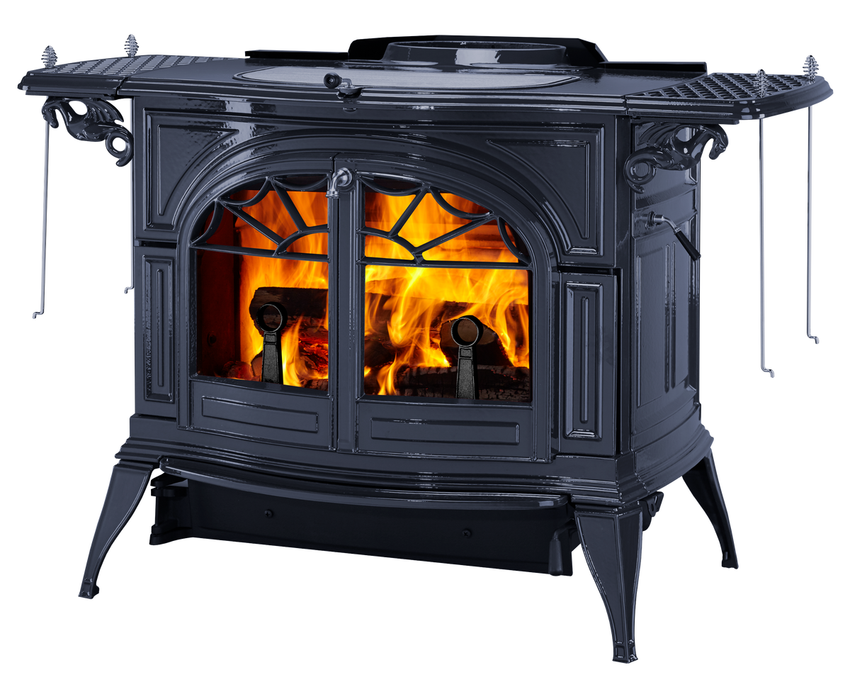 Vermont Castings Defiant black wood heater with matching warming shelves
