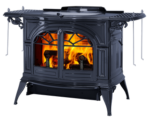 Vermont Castings Defiant black wood heater with matching warming shelves