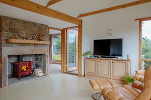 Vermont Castings Defiant Bordeaux Enamel wood heater installed in a modern living room