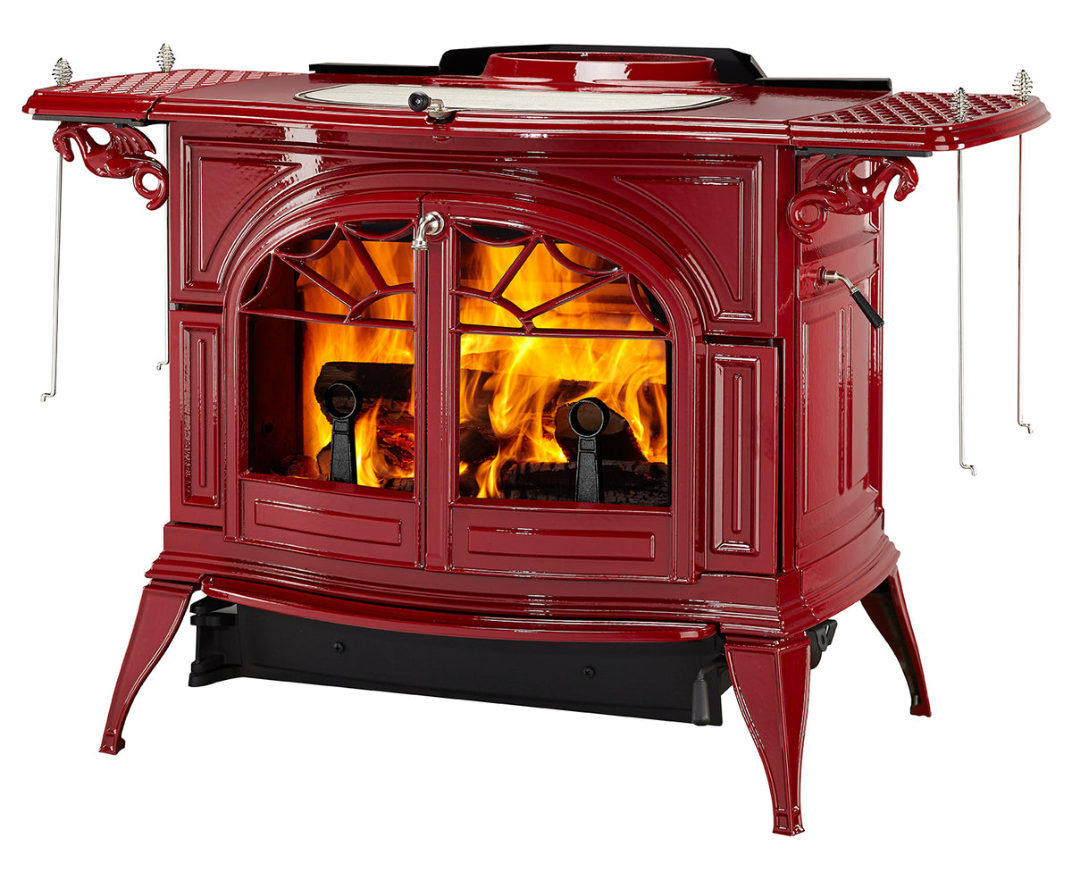Vermont Castings Defiant Bordeaux Enamel wood heater with matching warming shelves