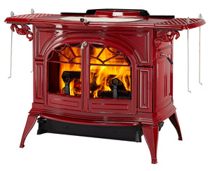 Vermont Castings Defiant Bordeaux Enamel wood heater with matching warming shelves