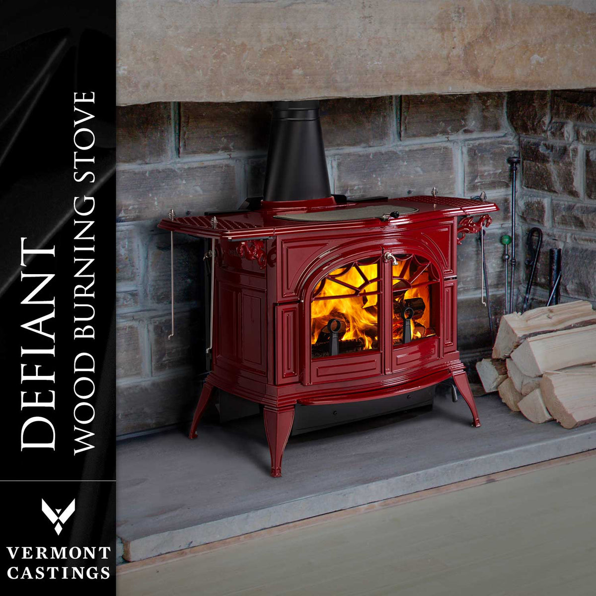 Vermont Castings Defiant wood heater in Bordeaux Enamel installed in a fireplace