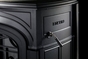 Vermont Castings Encore black cast iron side panel and control detail