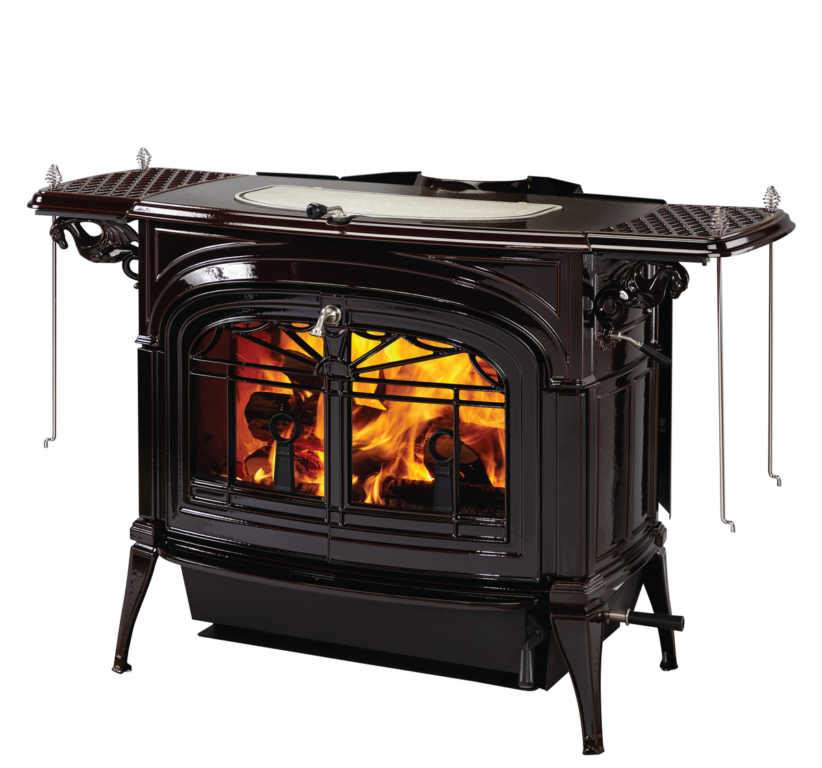 Vermont Castings Encore black wood heater with matching warming shelves