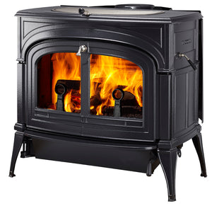 Vermont Castings Encore black cast iron wood heater shown from an angled side view