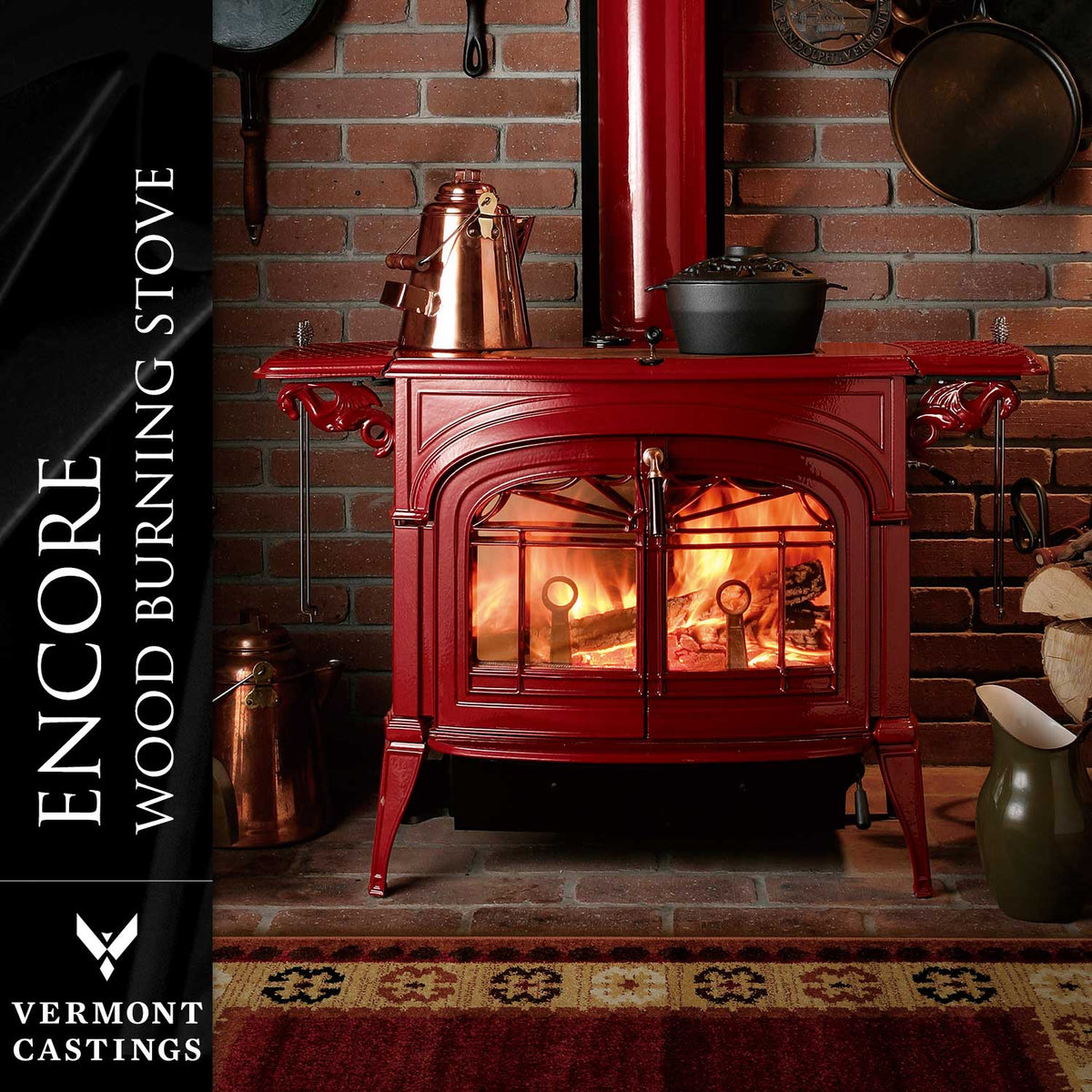 Vermont Castings Encore Bordeaux Enamel cast iron wood heater burning in a traditional fireplace setting