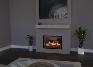 VisionLINE E660 LED electric fireplace insert installed beneath a mantel