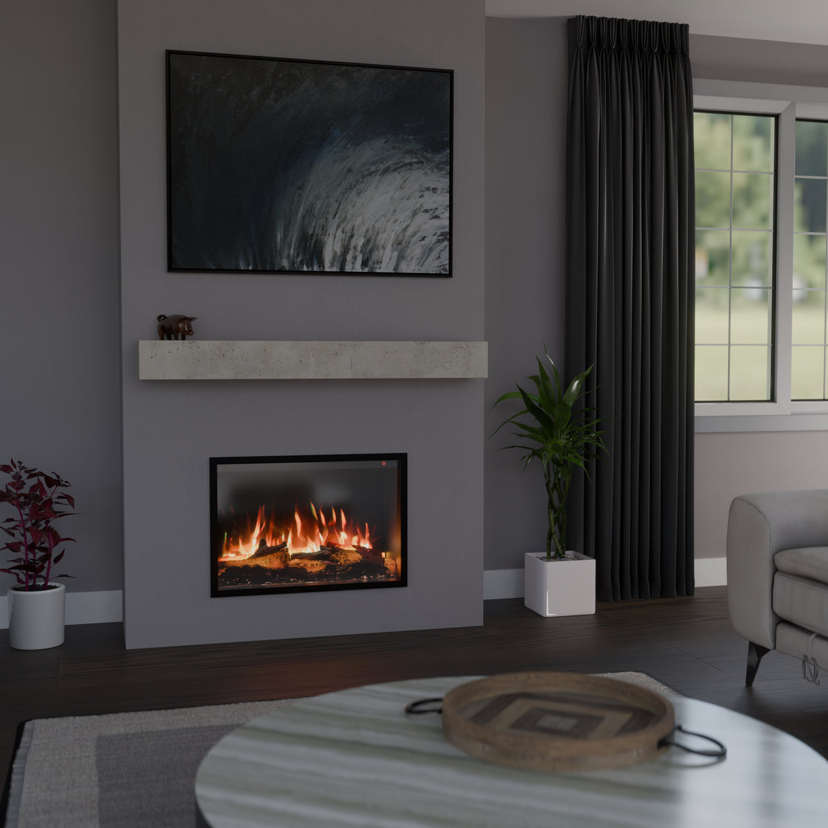 VisionLINE E660 LED electric fireplace recessed into a modern living room feature wall