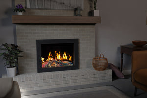 VisionLINE E660 LED electric fireplace insert showing realistic flame effect and sleek black frame design.