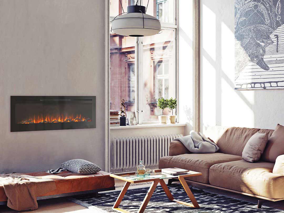 VisionLINE Linear Electric Fireplace from the VL24 Series showcasing sleek design and realistic flame display in a modern living space.