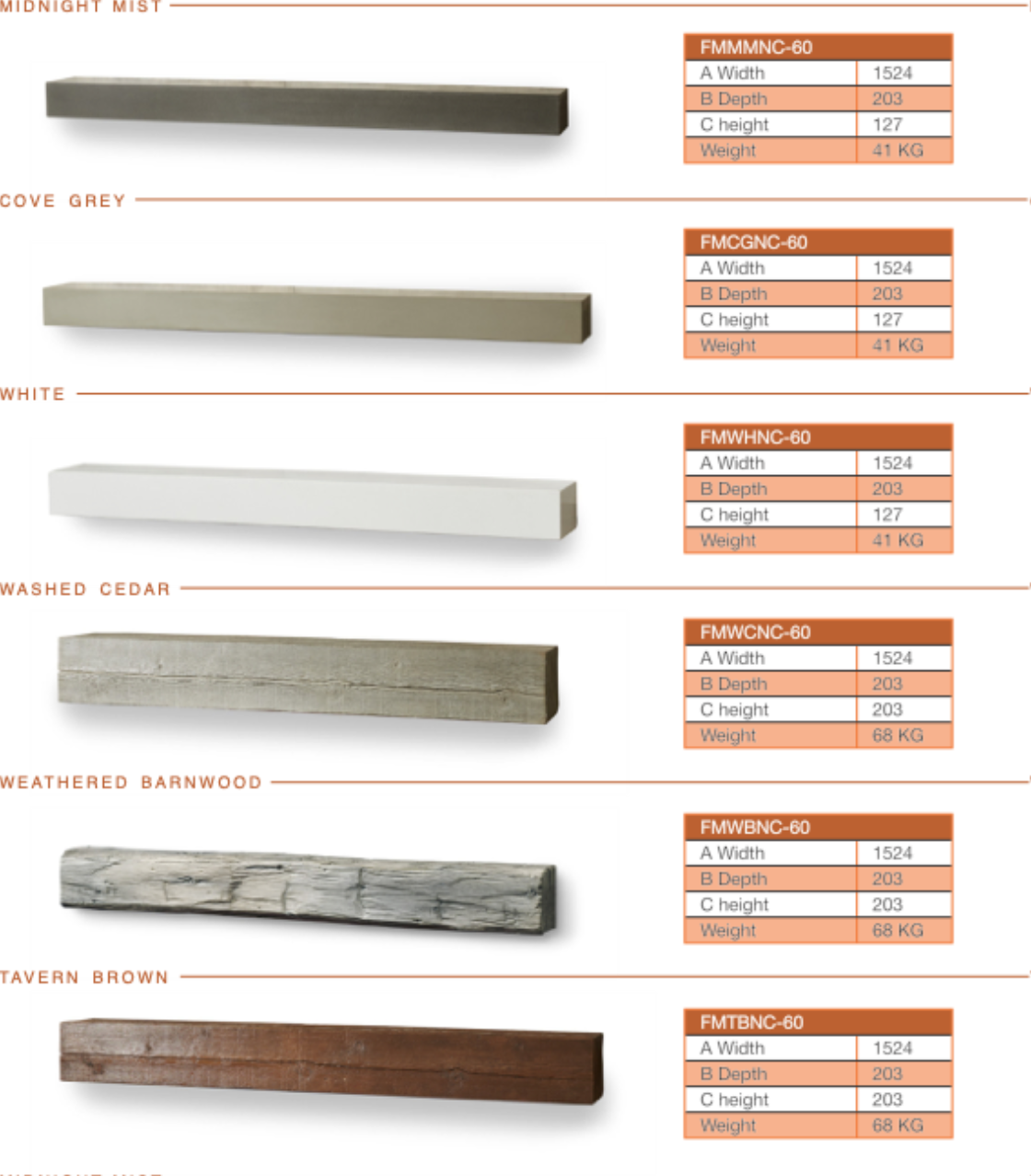 VisionLINE 60-inch non-combustible mantel shelf finishes in Midnight Mist, Cove Grey, White, Washed Cedar, Weathered Barnwood and Tavern Brown