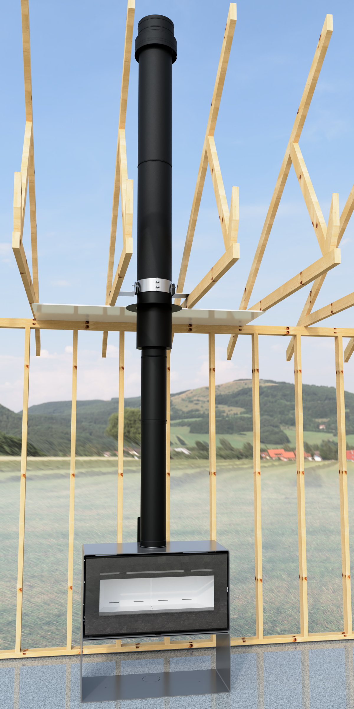 VisionLINE pellet heater with vertical black flue installation