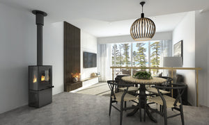 VisionLINE Pera wood heater installed in a contemporary open-plan dining and living area
