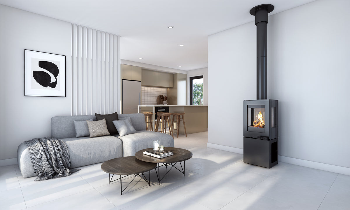 VisionLINE Pera freestanding wood heater installed in a modern living room