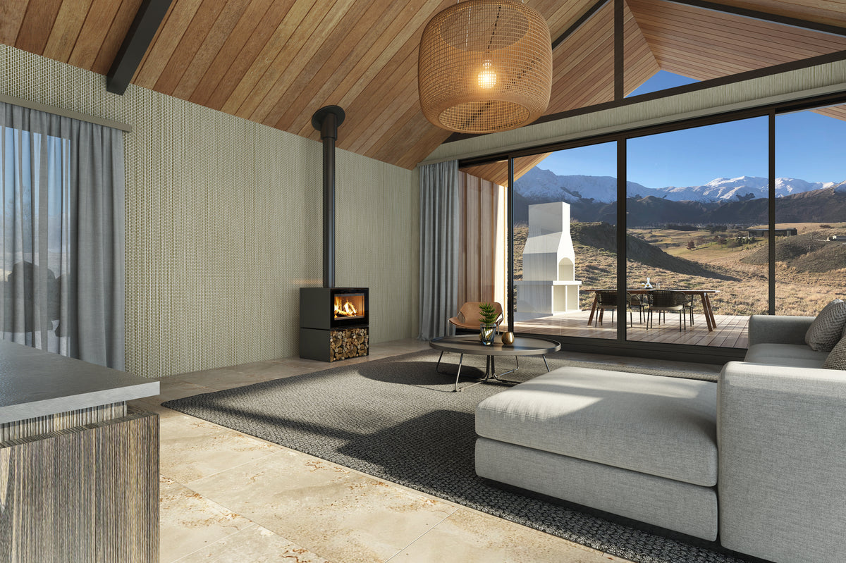 VisionLINE Phoenix freestanding wood fireplace installed in an open-plan living area