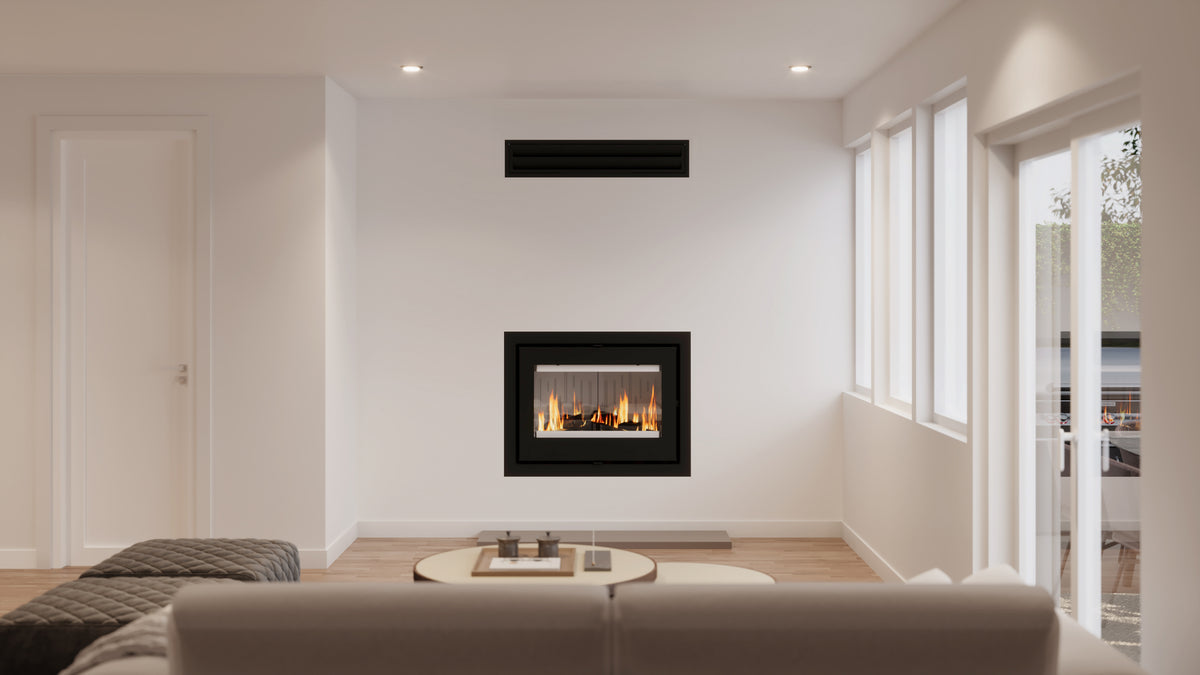 VisionLINE Phoenix inbuilt wood fireplace installed in a modern white living room