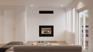 VisionLINE Phoenix inbuilt wood fireplace installed in a modern white living room