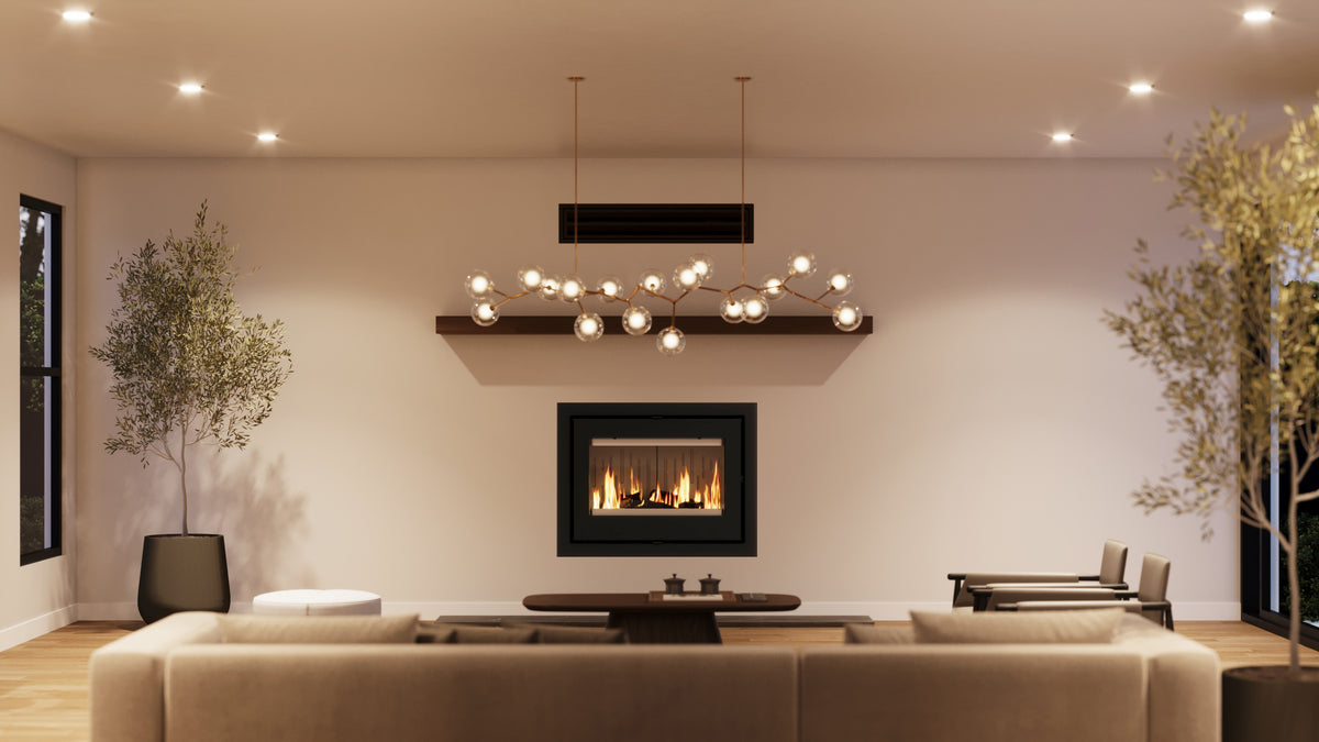 VisionLINE Phoenix insert wood fireplace installed in a spacious modern living room