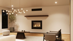 VisionLINE Phoenix wood fireplace insert installed in a contemporary living room