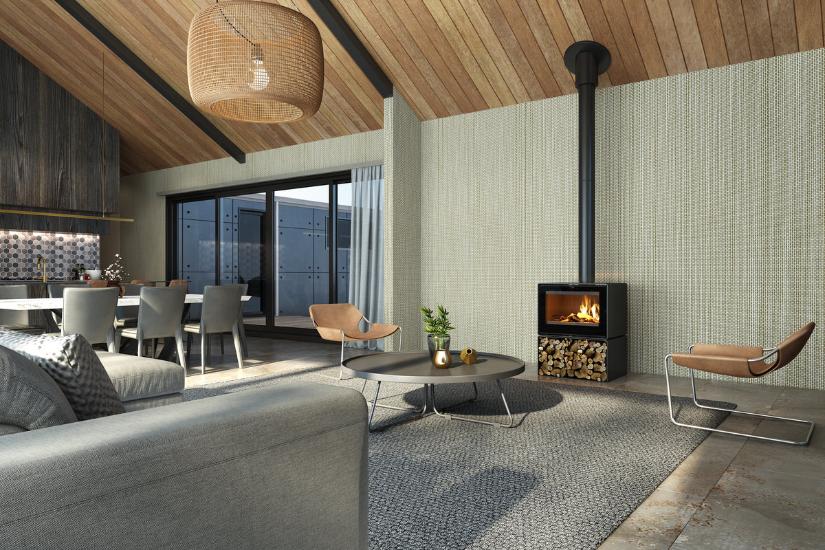 VisionLINE Phoenix freestanding wood heater installed in a modern living room