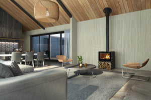 VisionLINE Phoenix freestanding wood heater installed in a modern living room