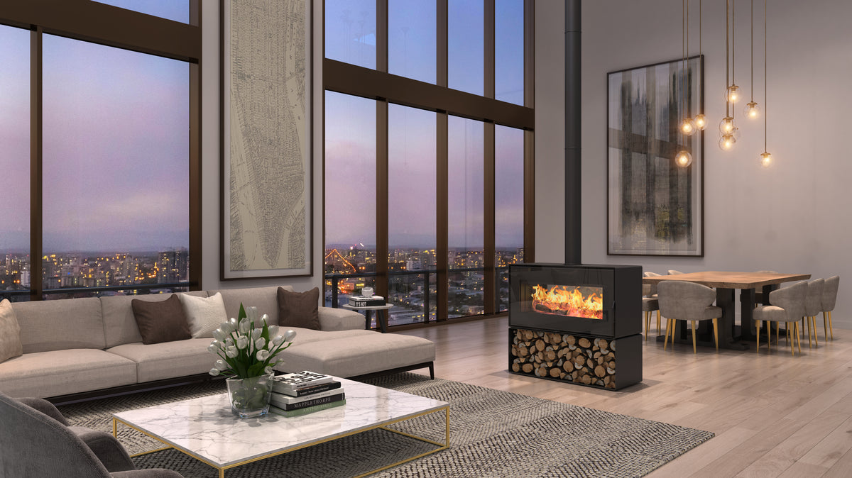 VisionLINE Taurus Double Sided fireplace installed as a feature in an open-plan modern home