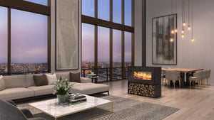 VisionLINE Taurus Double Sided fireplace installed as a feature in an open-plan modern home