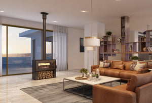 VisionLINE Taurus Double Sided wood heater with wood storage base in a modern living room