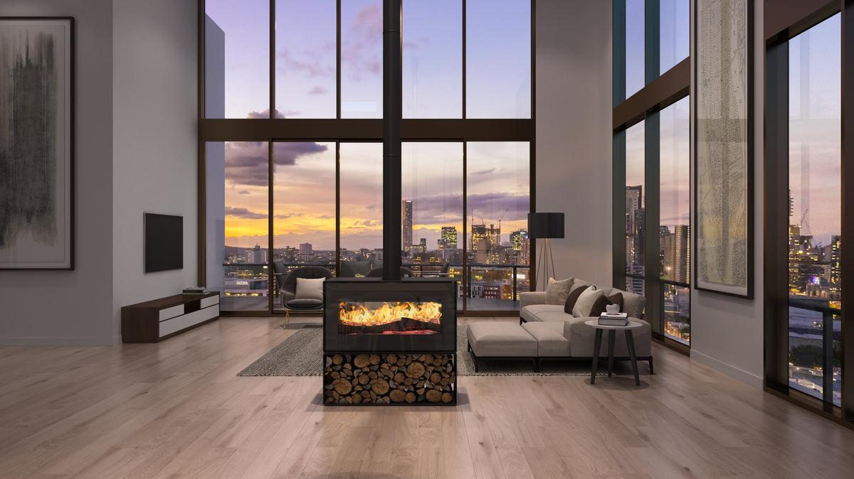 VisionLINE Taurus Double Sided wood heater installed in a modern living room