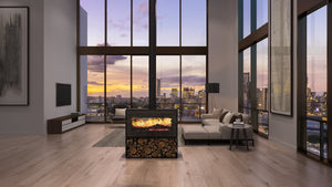 VisionLINE Taurus Double Sided wood heater installed in a modern living room