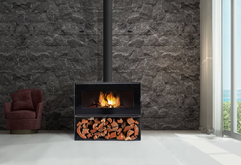 VisionLINE Taurus freestanding wood heater with wood storage base in a modern home