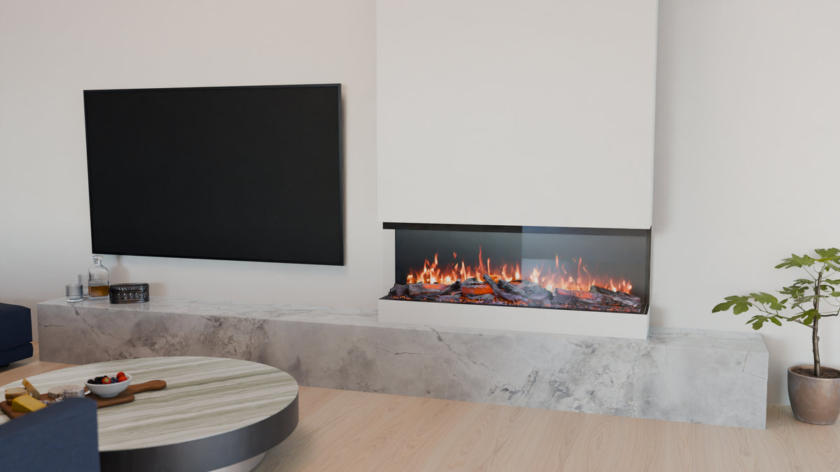 VisionLINE View 1200 Series 4 electric fireplace installed beneath a TV