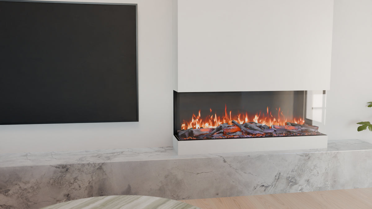 VisionLINE View 1200 Series 4 electric fireplace in a three-sided corner installation