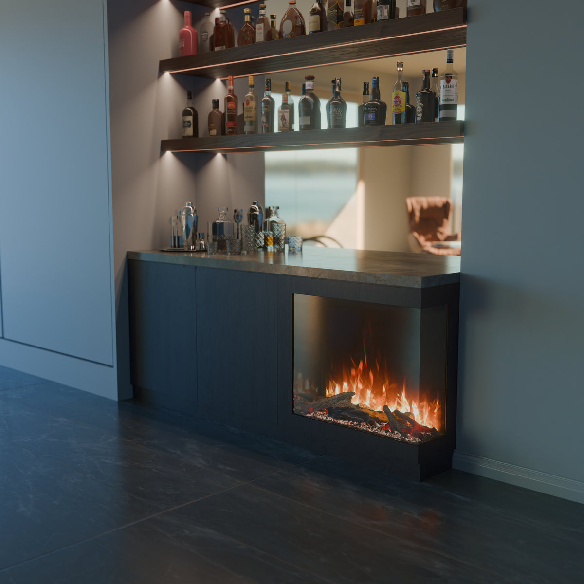 VisionLINE View 700 Series 4 electric fireplace installed as a three-sided feature fireplace