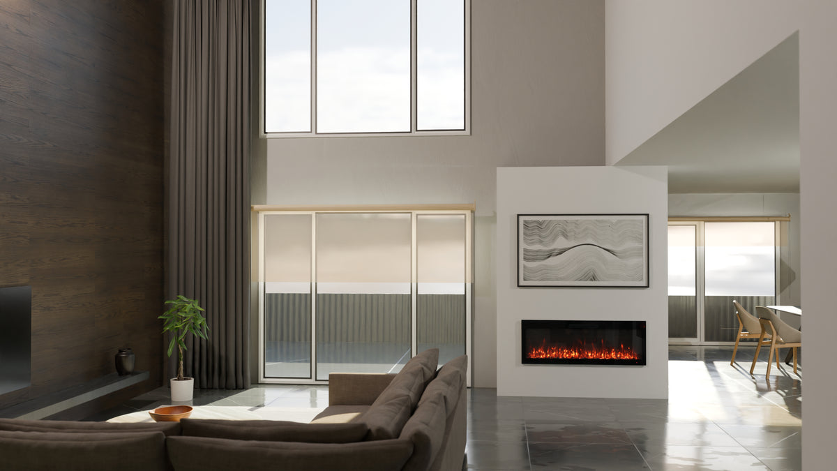 VisionLINE VL50 Linear S2 electric fireplace recessed into a modern feature wall