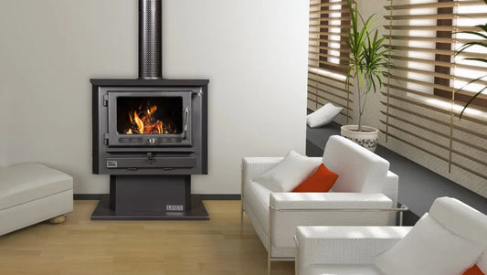 WISELIVING Linea Hydronic Wood Boiler stove showing a sleek inbuilt design for efficient heating and hot water.
