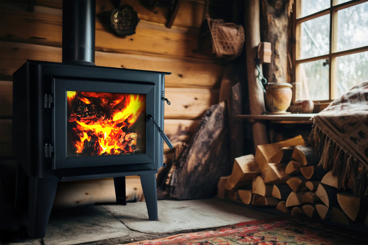 WoodPro WP 200 freestanding wood heater burning inside a rustic Australian home