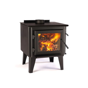 Angled view of the WoodPro WP 200 freestanding wood heater with cast iron door