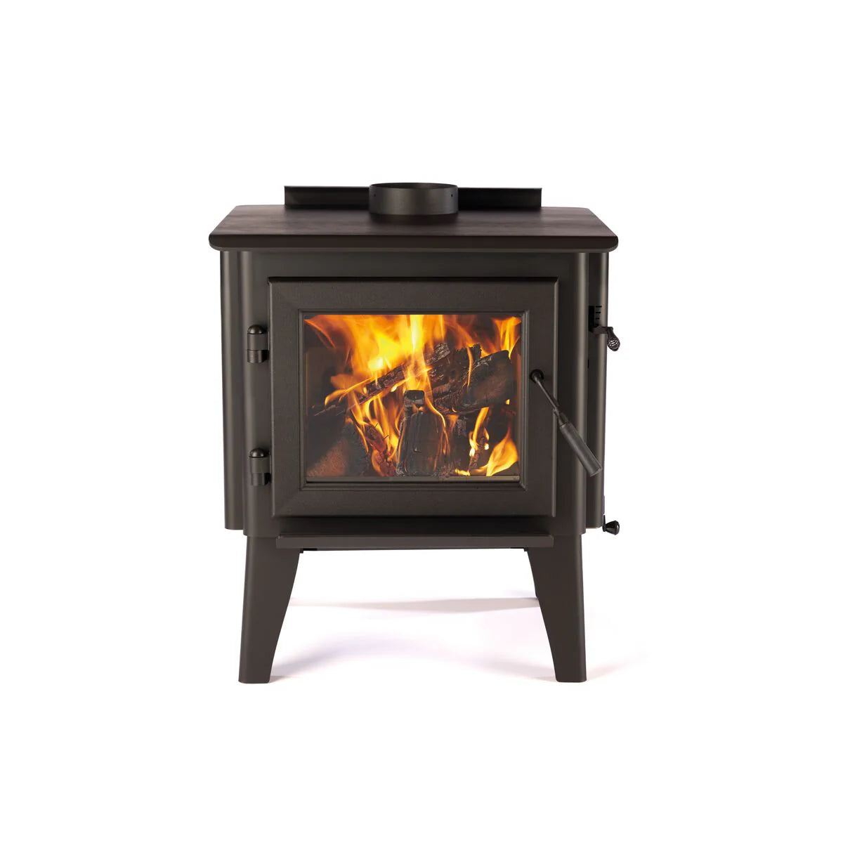 Front view of the WoodPro WP 200 freestanding wood heater with fire burning