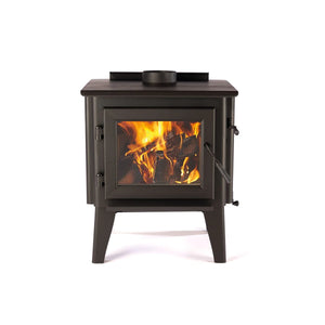 Front view of the WoodPro WP 200 freestanding wood heater with fire burning