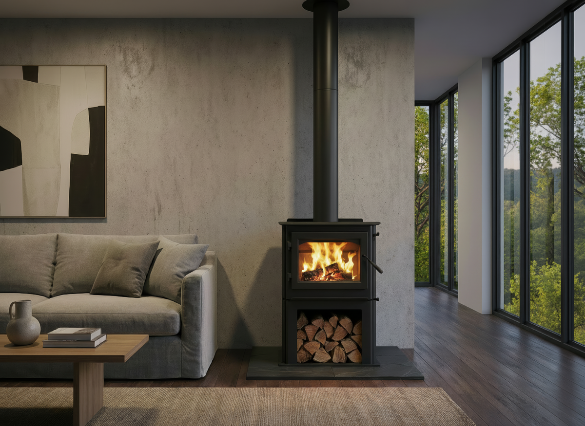 WoodPro WP 200 wood heater installed on the Wood Store Base with firewood storage underneath