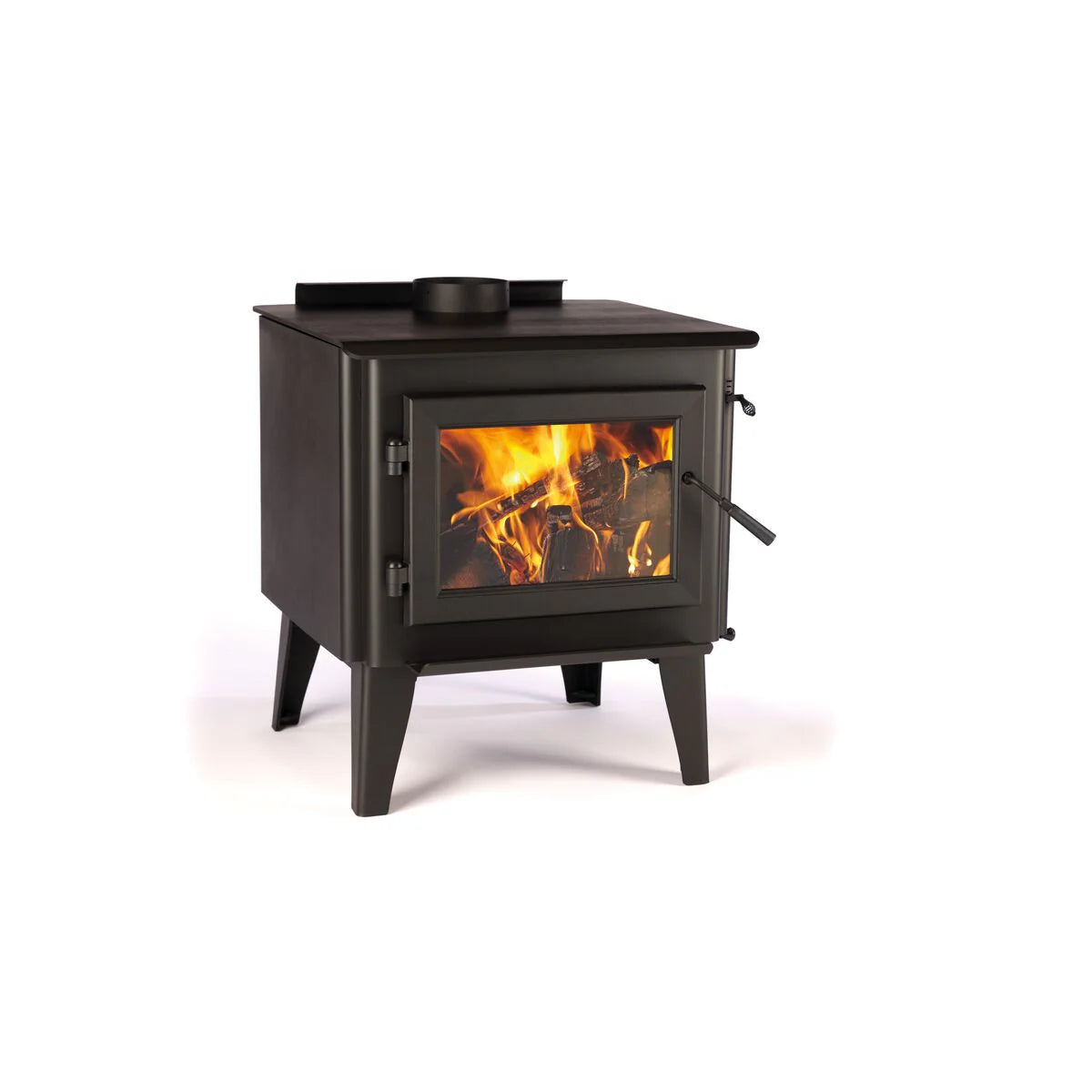 Angled view of the WoodPro WP 300 freestanding wood heater with cast iron door