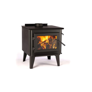 Angled view of the WoodPro WP 300 freestanding wood heater with cast iron door